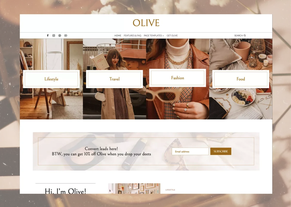 Image of the home page of Olive, a feminine WordPress theme for fashion, lifestyle, and beauty bloggers